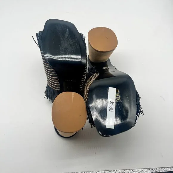 Proenza Schouler Straw Black and Beige Slide Sandal Block Heel Sz 36.5 - Picture 10 of 11